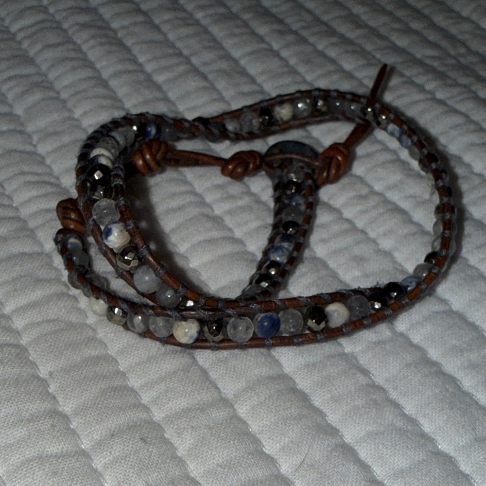 Chan Luu Brown Leather Wrap Bracelet with Dark Navy Button and Cream Accents